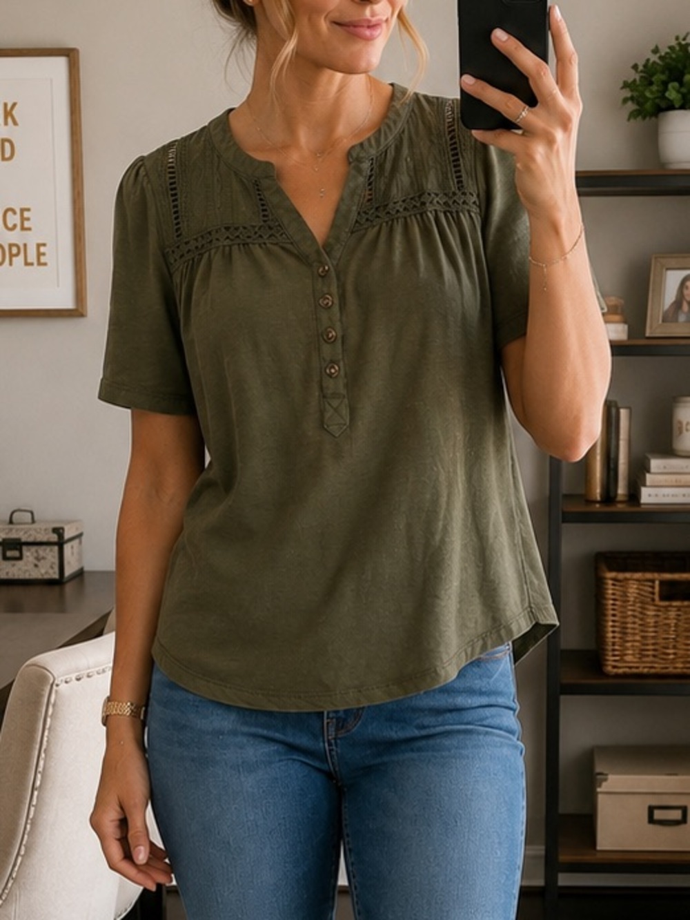 A New Day Olive Green Lace Yoke Henley Top | Size Medium